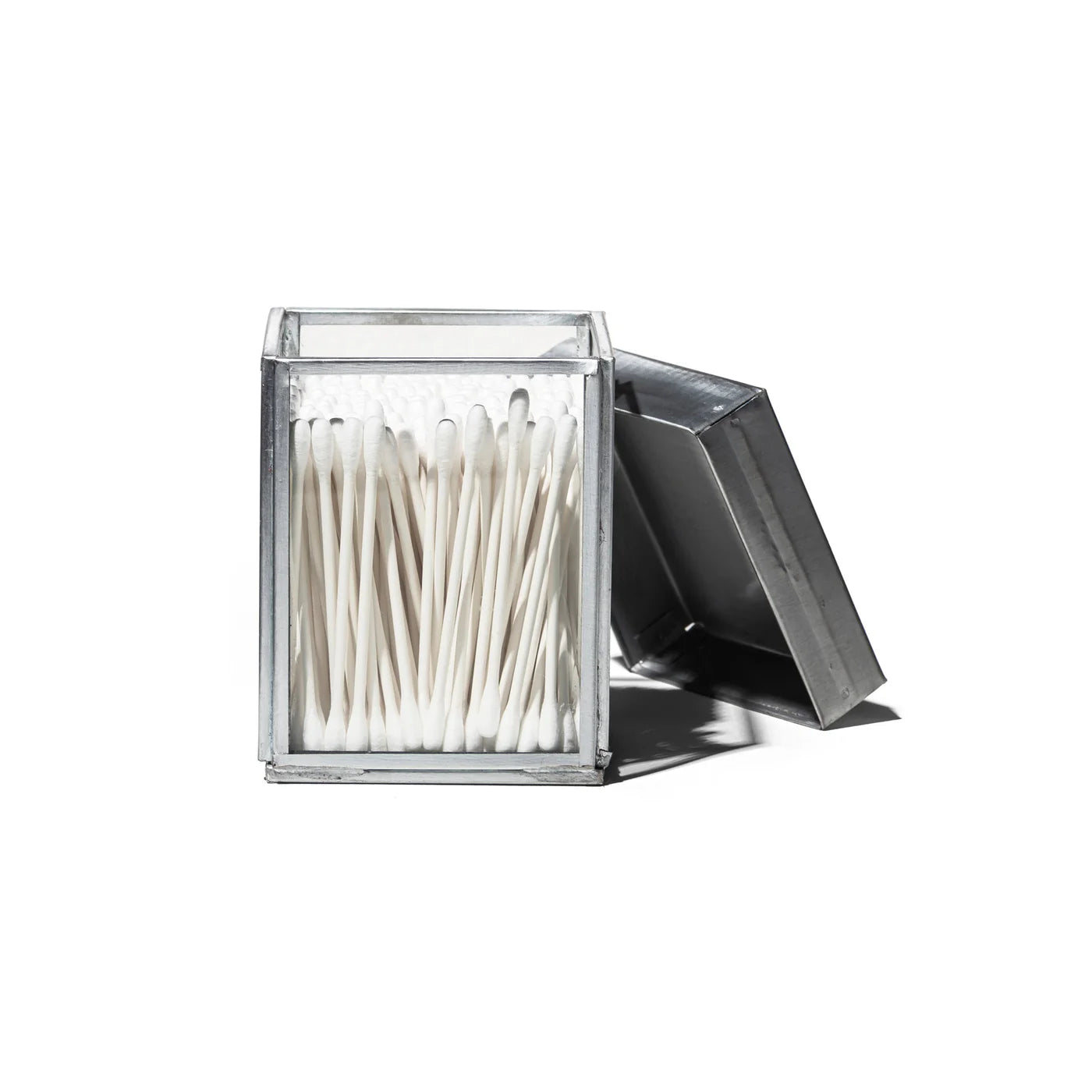 PUEBCO GLASS BOX W/RECYCLE STEEL LID COTTON SWAB - NO COLOR