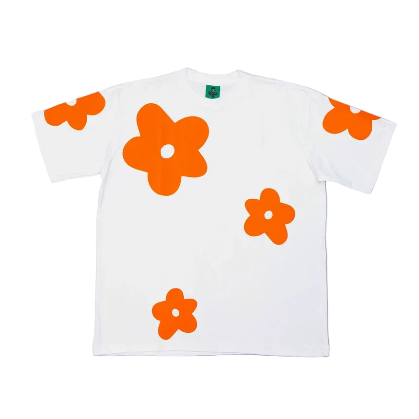 BS241 WHITE COTTON OVERSIZE T-SHIRT FLOWER ORANGE VELVET