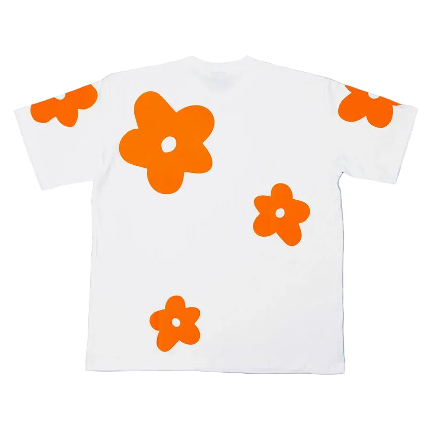 BS241 WHITE COTTON OVERSIZE T-SHIRT FLOWER ORANGE VELVET