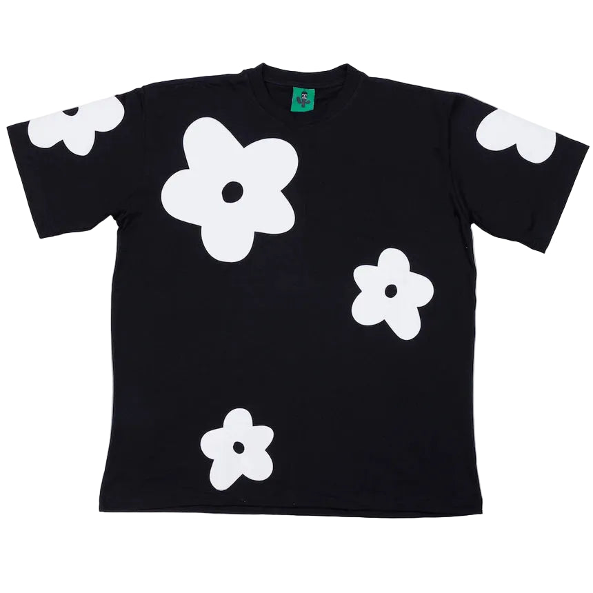 BLACK CACTUS BS244 BLACK COTTON OVERSIZE T-SHIRT FLOWER WHITE VELVET