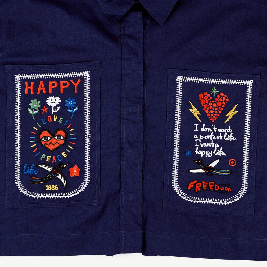 BLACK CACTUS BS194 NAVY BLUE CROP TOP SHIRT HAPPY POCKET